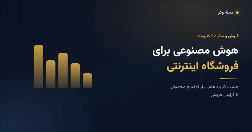کارت گرافیکی مقالهٔ هوش مصنوعی برای فروشگاه اینترنتی با نموداری از رشد فروش در پس‌زمینهٔ تیره